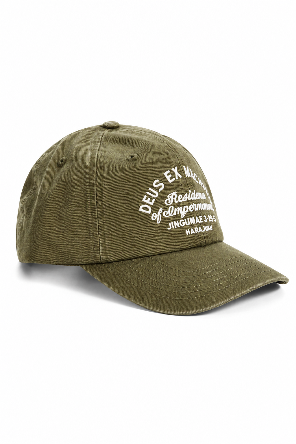 Casquette Deus Harajuku Sign Dad Cap Olive Green, broderie blanche, sur fond blanc
