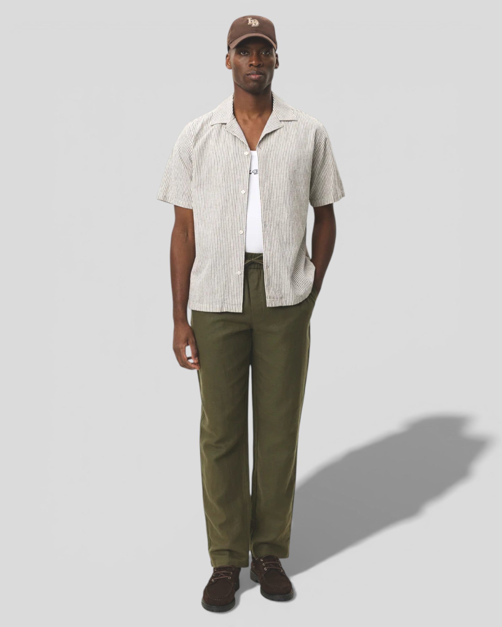 Les Deux || Lukas Stripe Cotton Linen SS Shirt - Teak Brown Les Deux