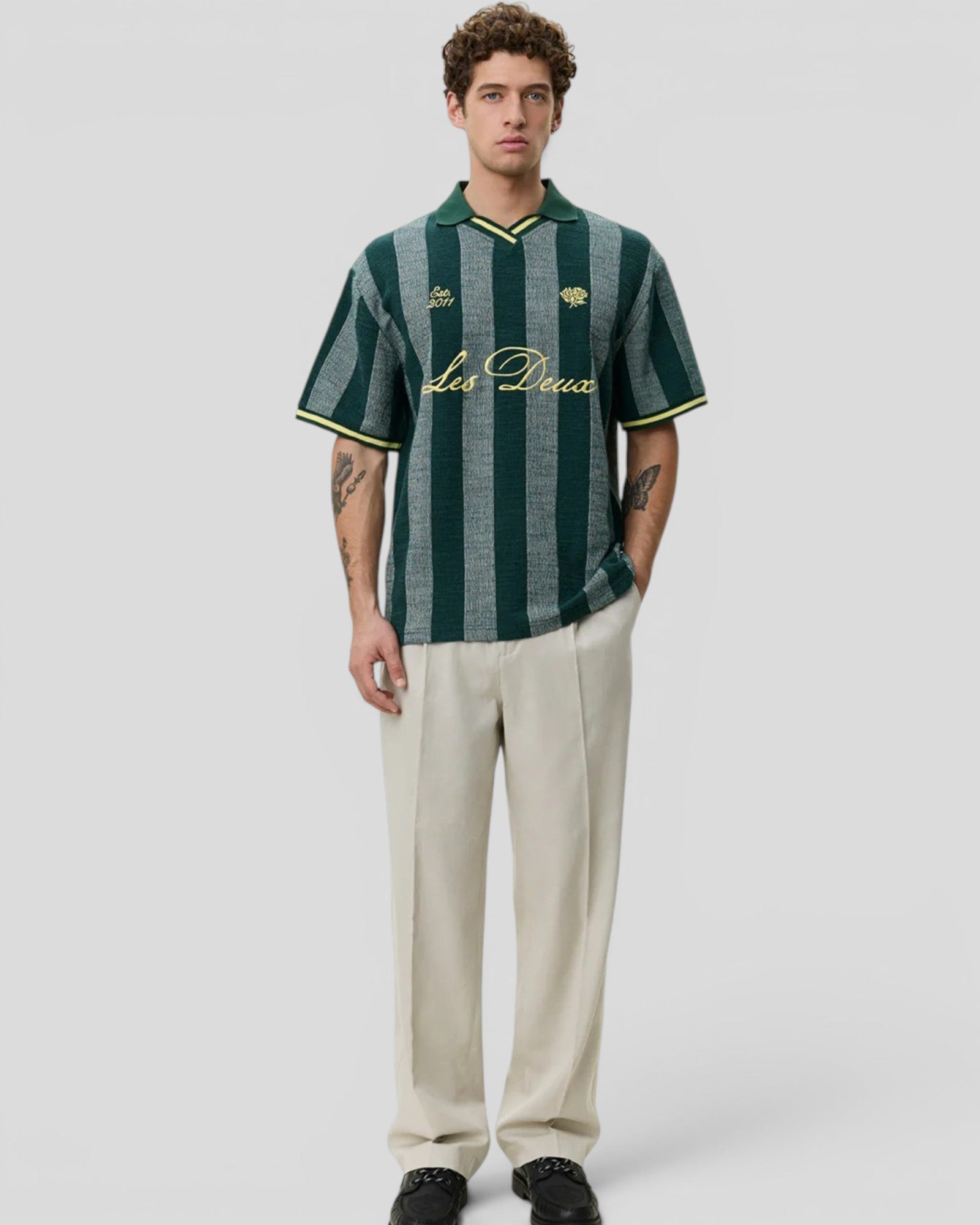 Les Deux || Stripe Jacquard Football Jersey - Pine Green Les Deux