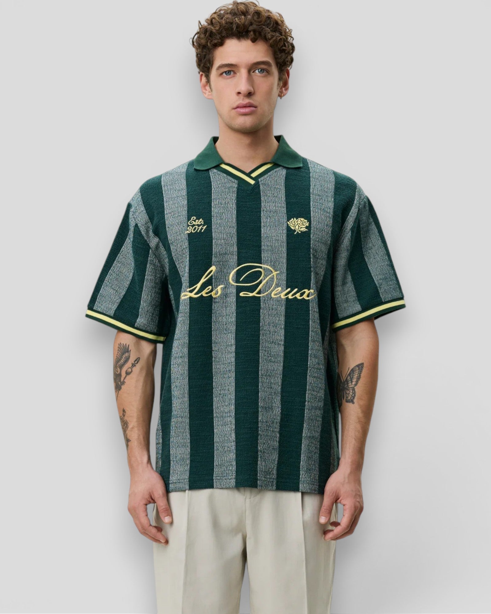 Les Deux || Stripe Jacquard Football Jersey - Pine Green Les Deux