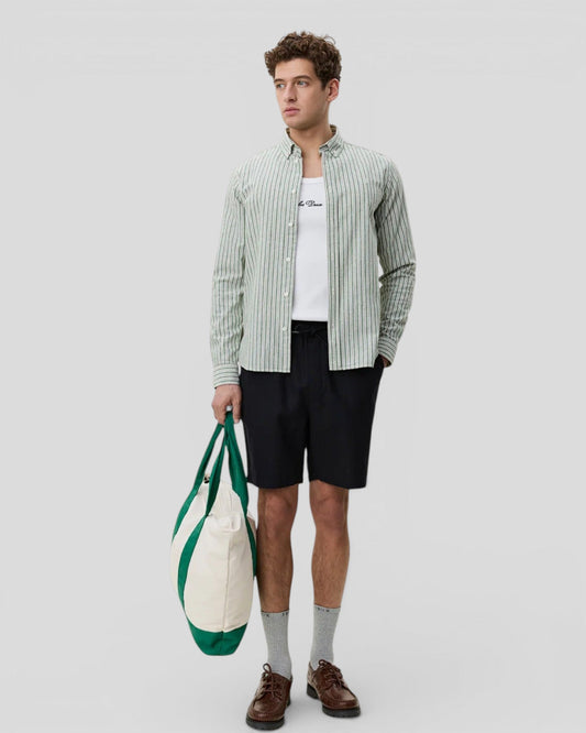 Les Deux || Stripe Cotton Linen Shirt - Artichoke Green Les Deux